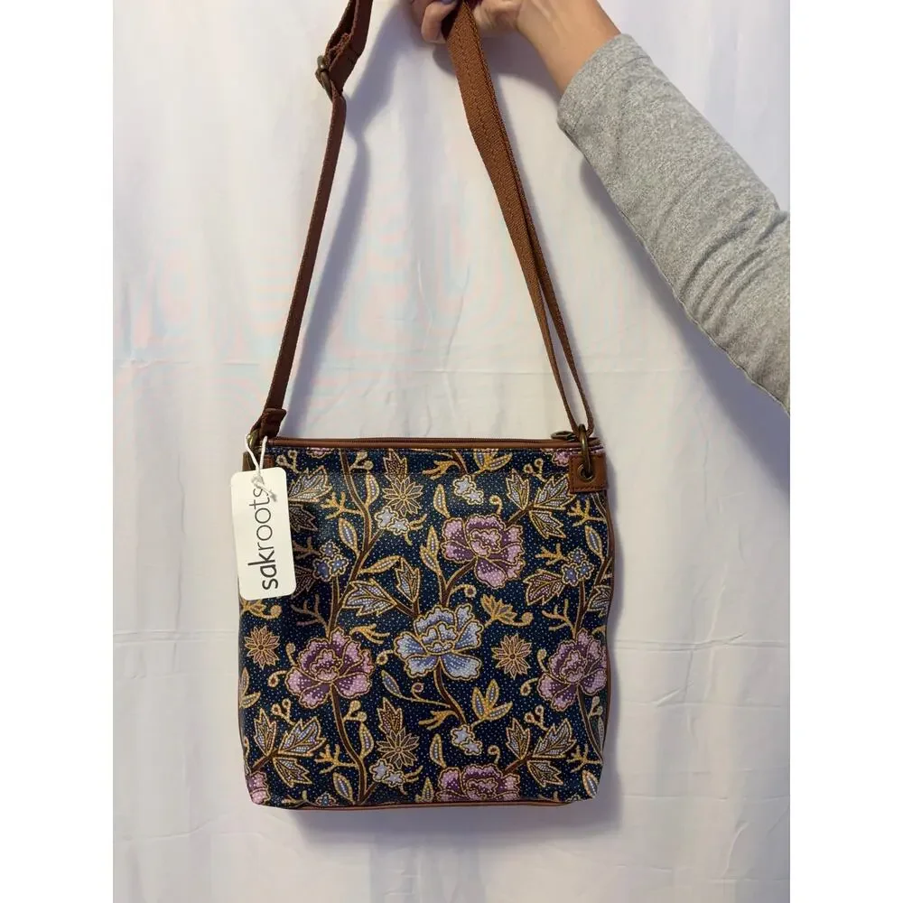 New Sakroots Flat Cross Body Navy Blue Brown Floral Handbag